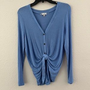 Blue Love Fire long sleeve button up/tie front top. Size medium
